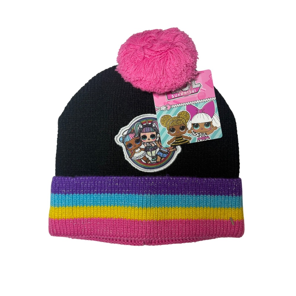 LOL Surprise Girls Beanie Hat Black Multi Color Striped Pom Pom OSFM NEW